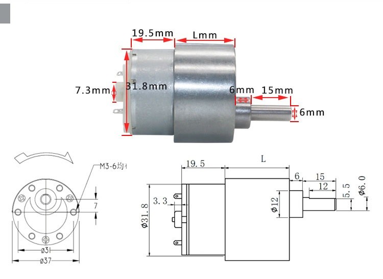1000RPM Electric DC Gear Motor 12v 24v