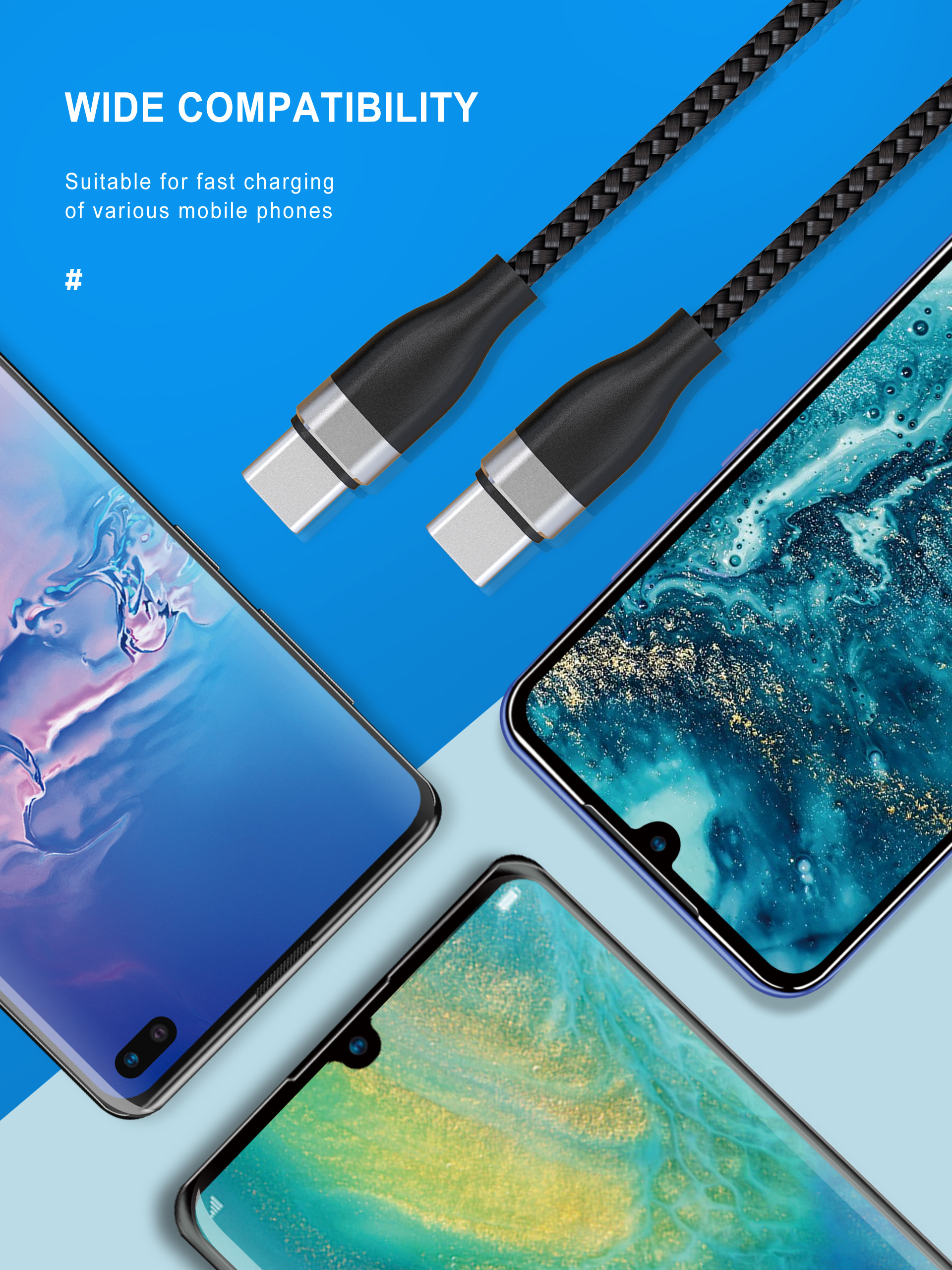 60w PD 20V 3A USB Type C Charging Cable 1Ft Length Nylon Braided For xiaomi mI4C