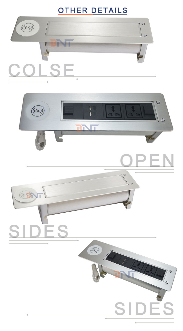 BNT Factory customized hidden table design desk electrical flip up mounted socket with phone wireless charger