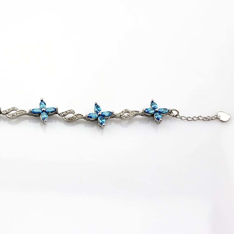 925 Silver Jewellery Quatrefoil Blue Topaz Cubic Zircon Tennis Bracelet (B04BLUE)