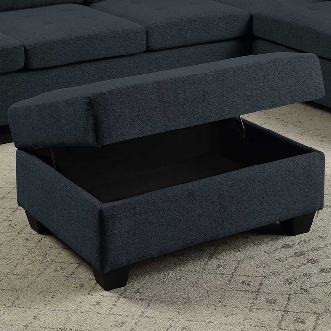L Shaped Sectional Sofa with Dropdown Table and Reversible Chaise and Storage Ottoman, Dark Blue Linen