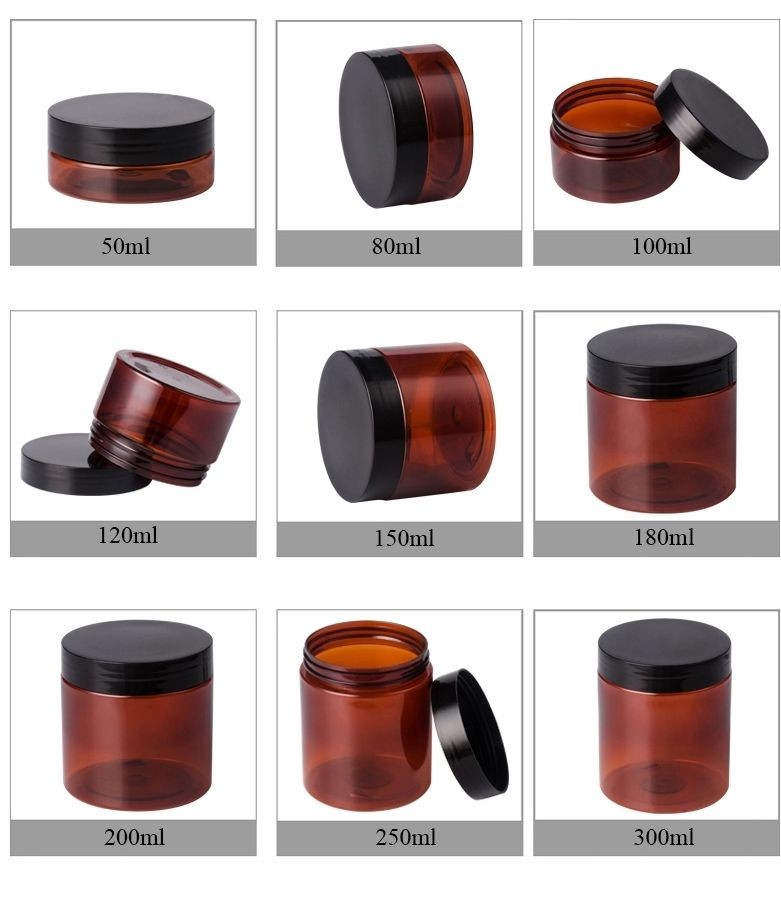 Cosmetic Food Pack 100ml 150ml 200ml 250ml 300ml Amber Pet Plastic Cosmetic Cream Jar With White Black Lid