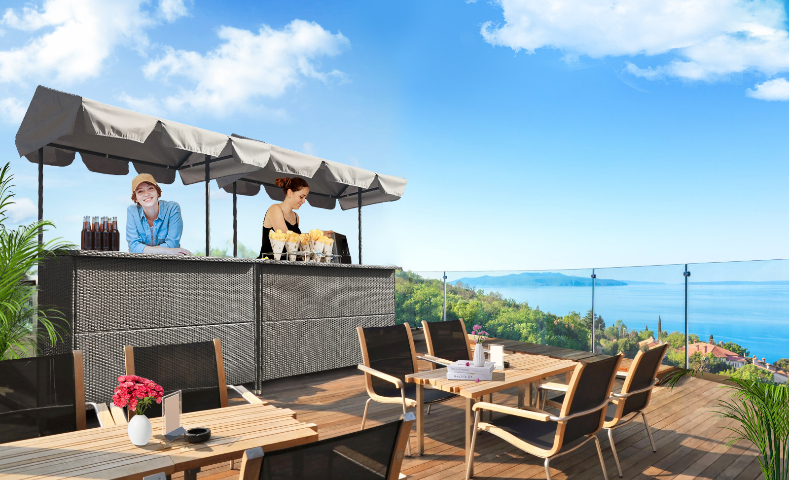 Rattan Effect Night Club Bar Counter Tiki Outdoor Rattan Bar Furniture With Roof Garden Rattan Table Bar Table Canopy