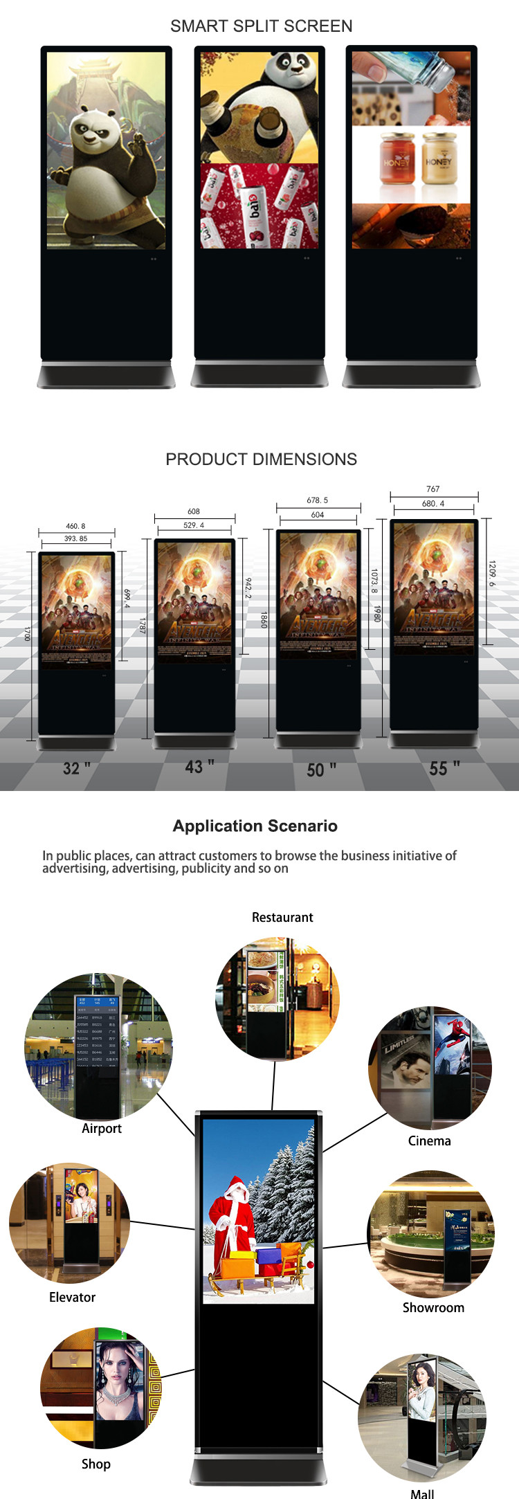 65" Floor Standing LCD Advertising Display Interactive For Supermarket / Mall
