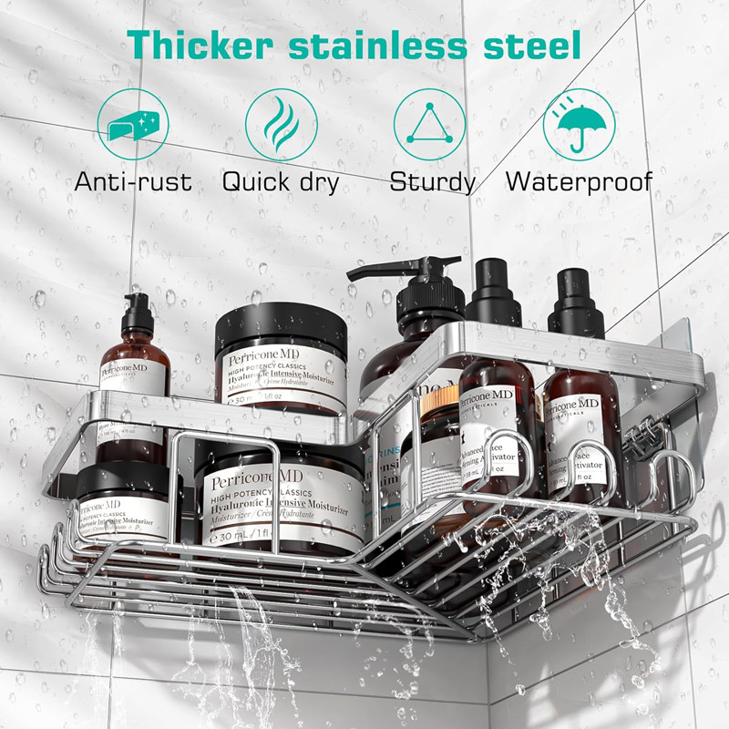 Anti-rust Hanging Large Capacity Stainless Steel Shower Caddy with Adhesive for Corner Space