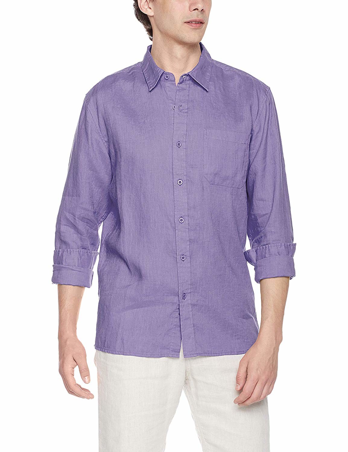 Plain Purple Woven Mens Casual Linen Shirts Full Sleeve with Turn down Collar