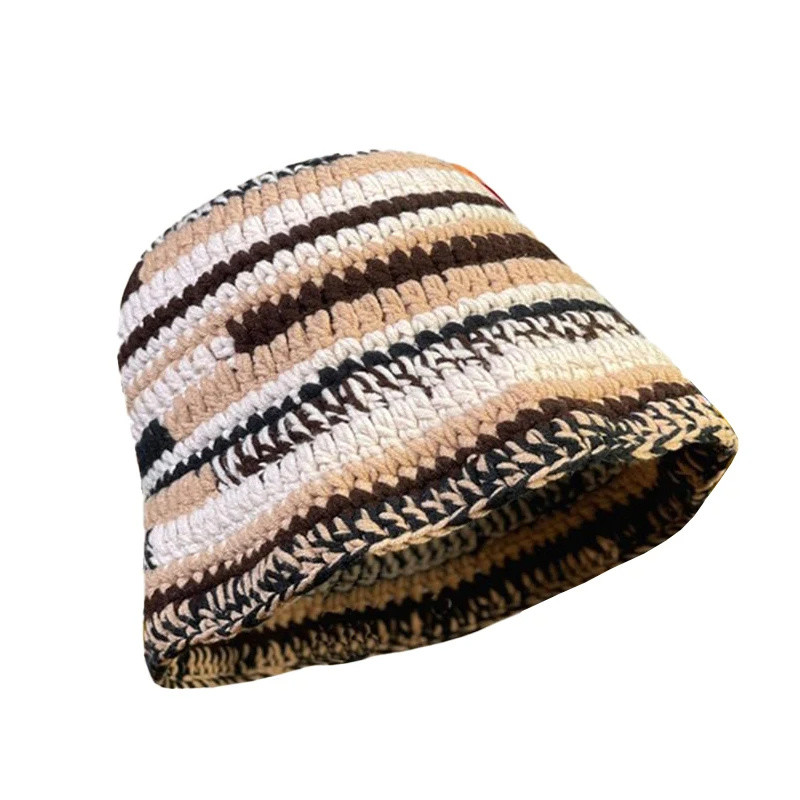 Custom Crochet Hat Autumn Winter Colored Handmade Striped Knitted Versatile Crochet Bucket Hats Thick Women Fisherman Cap