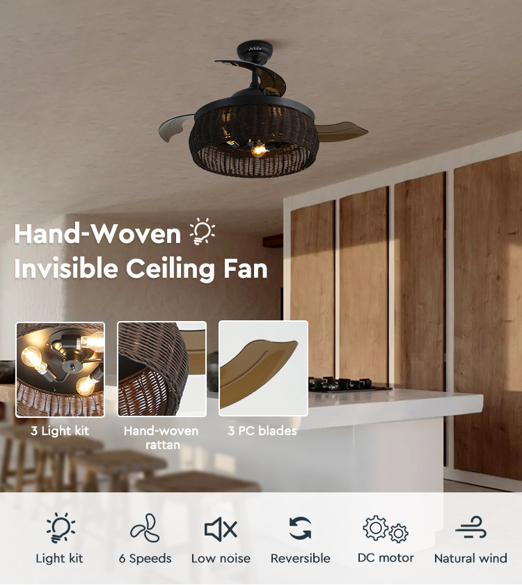 1stshine Rattan Weaving Ceiling Fan with Old-Fashioned Design and Invisible Blades