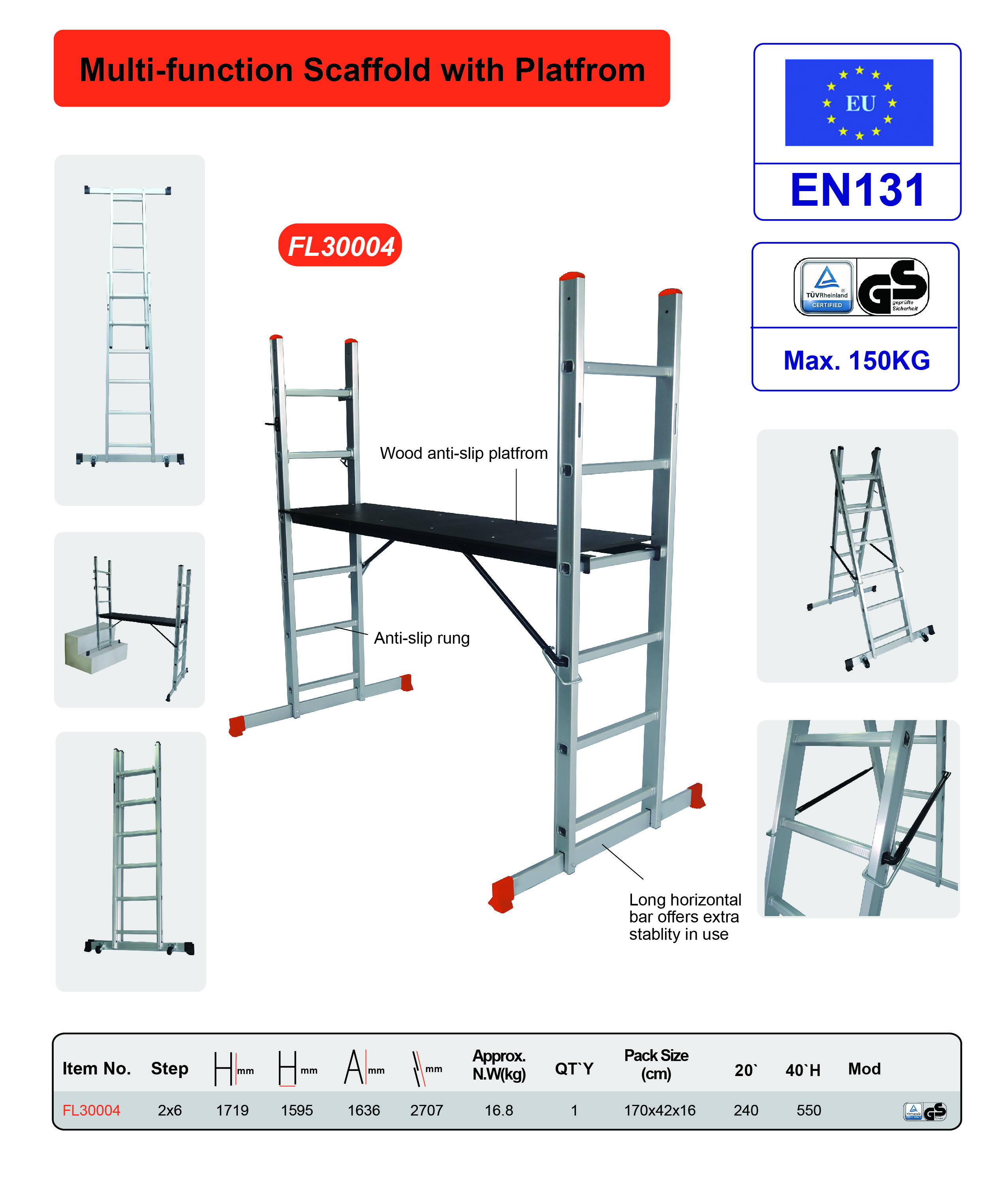 Multi Purpose Aluminum Scaffold Tower 2x6 EN131 GS Certificated