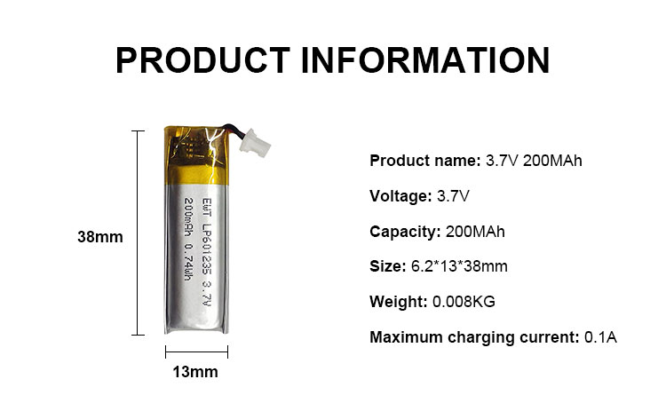 Custom Lithium Polymer Battery LP601235 3.7v 250mAh LiPo Battery