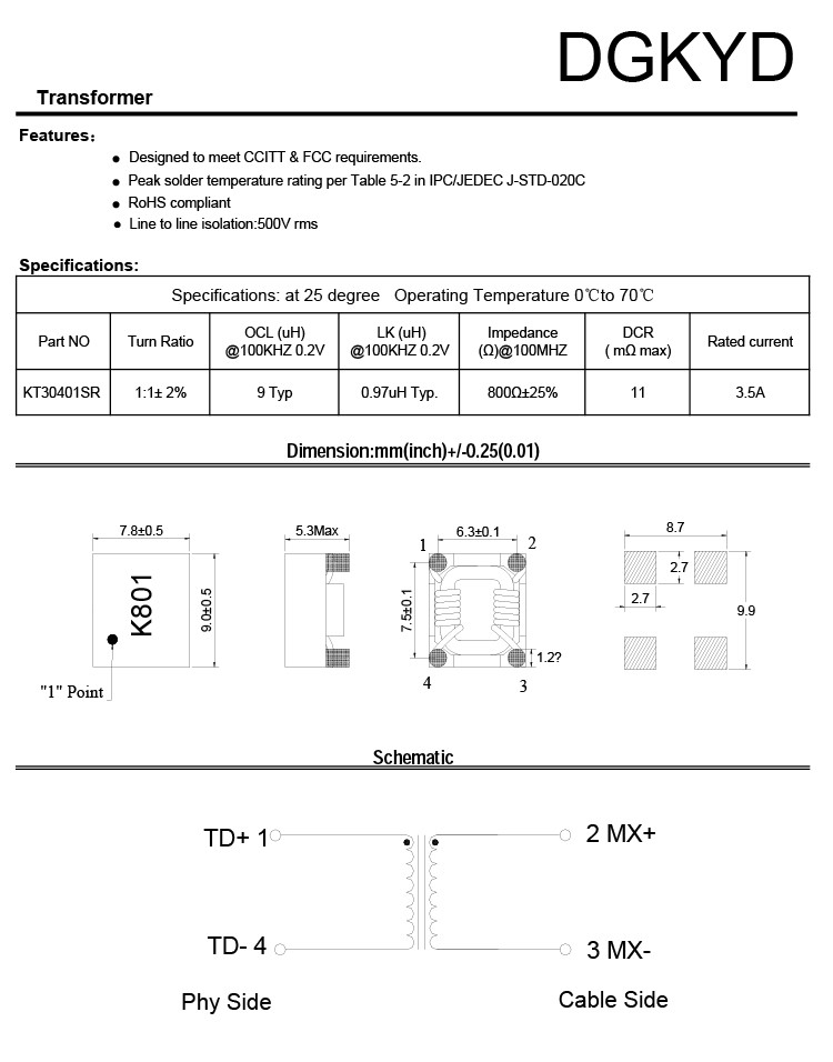 KT30401SR 100BASE-TX Ethernet Transformer Fast Ethernet Filter 4PIN DIP