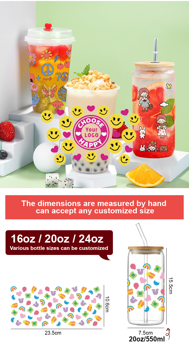 Custom Waterproof Full Color Logo Design 16oz 20oz 24oz Dtf Cup Wrap Transfers For Jars
