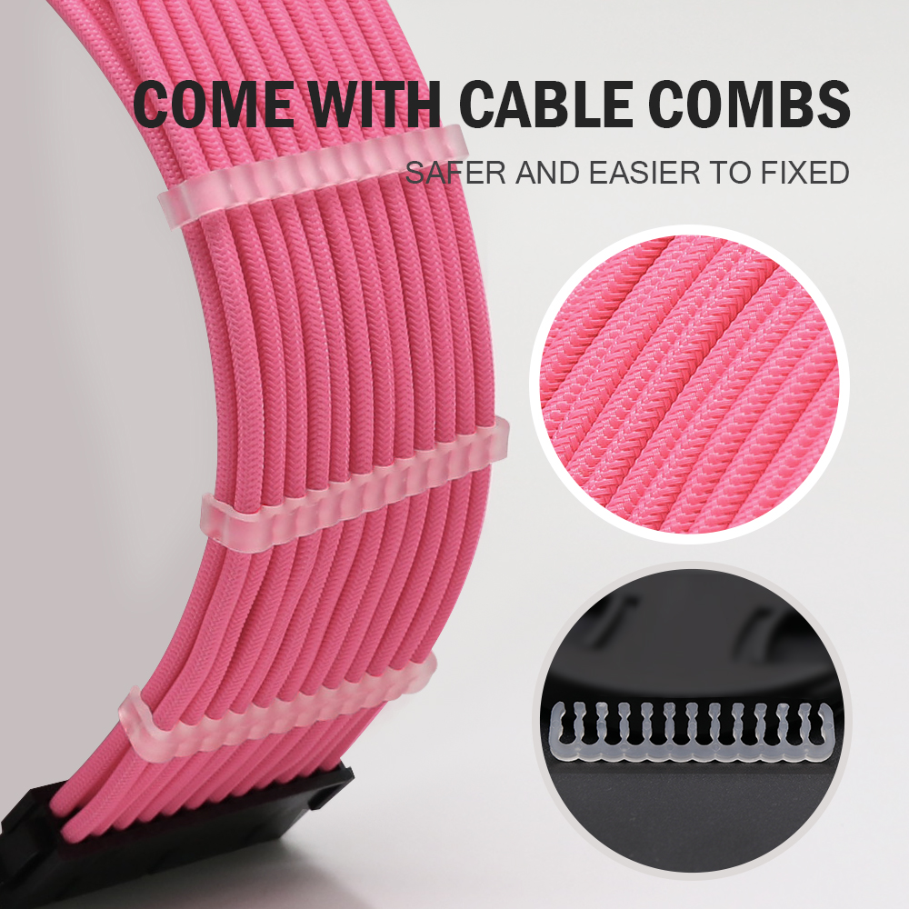 Sleeved Cables Kit 18AWG 30cm ATX 24-pin CPU4+4-pin PCI-E 6+2-pin PCI-E 6-pin for ATX Power Supply Cable(Pink)
