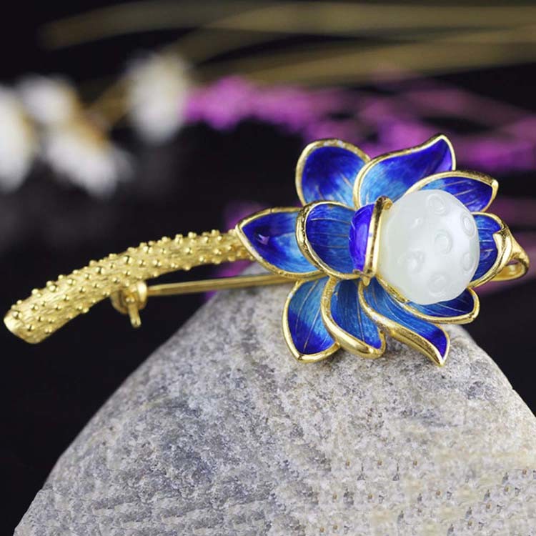 18K Gold Plated 925 Silver Enamel Lotus Flower Jade Pendant Necklace Brooch For Women(XZ81001)