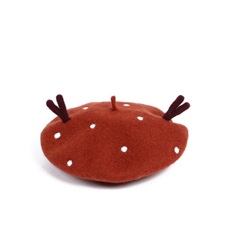 OEM Christmas Holiday Gift Antler Wool Beret Retro Handmade Hat