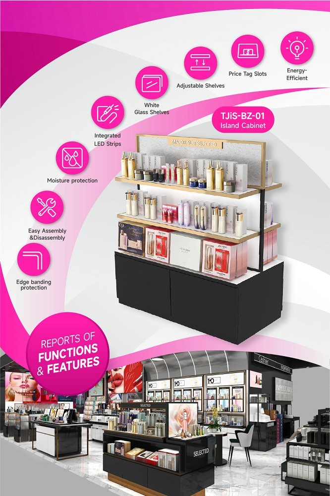TJiS-BZ-01 3mm Gold Mirror Organic Board Skincare Display Cabinet with LED Strips