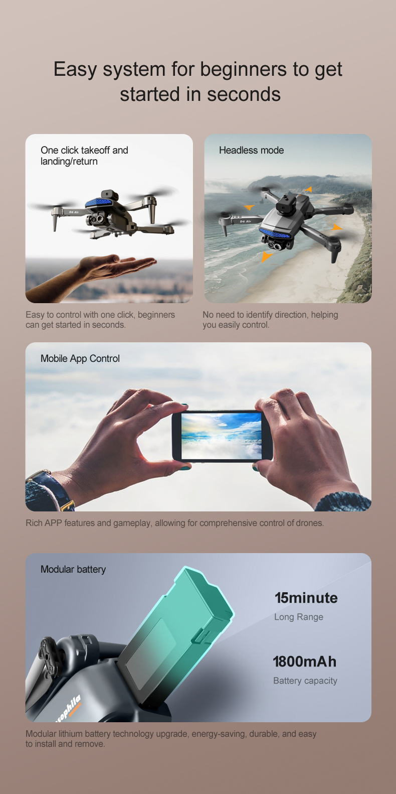 D6 Air Mini Drone Professional 4k HD Camera Quadcopter with Foldable Design Obstacle Avoidance and Remote Control