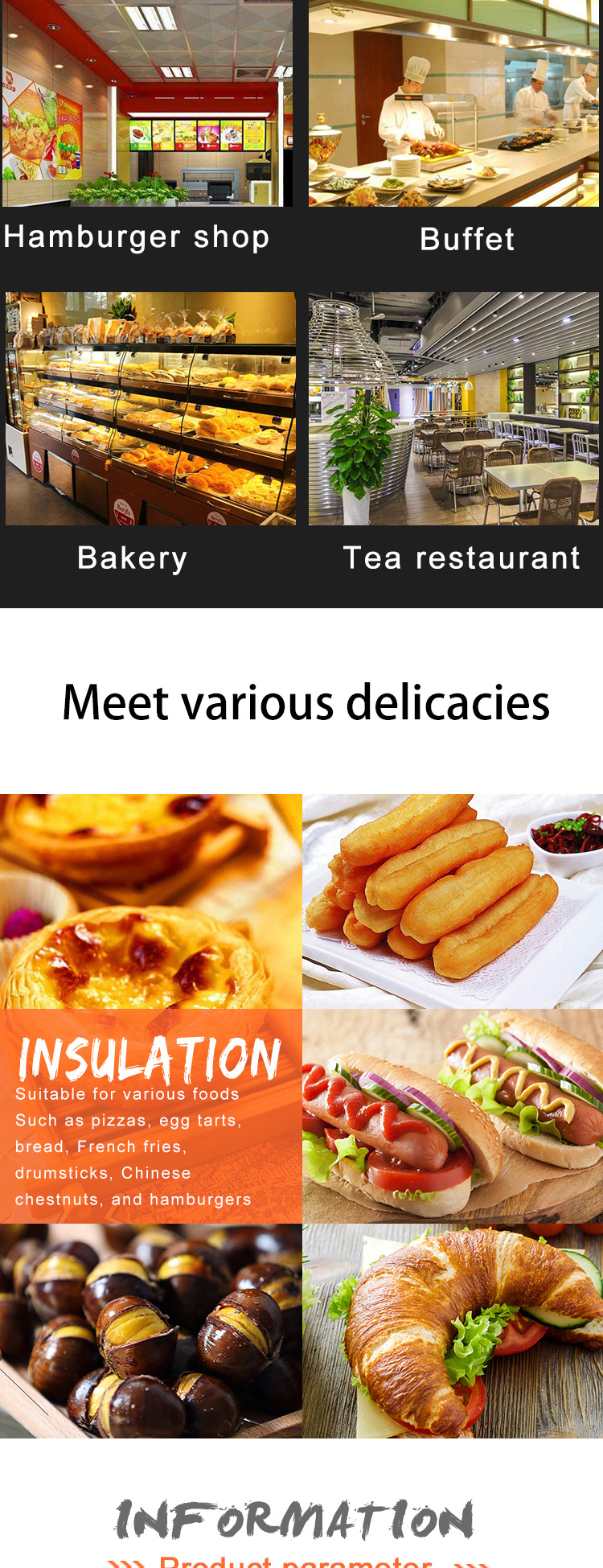 Fast Food Electric Food Warmer Display Pastry Showcase with 220V 250W Voltage Customize
