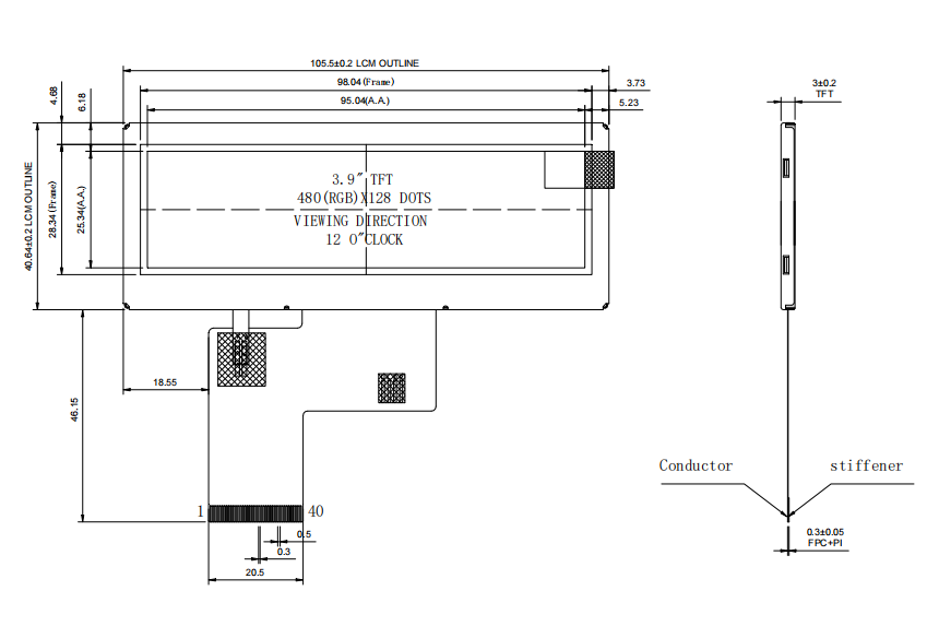 3.9 Inch LCD Screen Resolution 480*128 500 Brightness 40PIN RGB