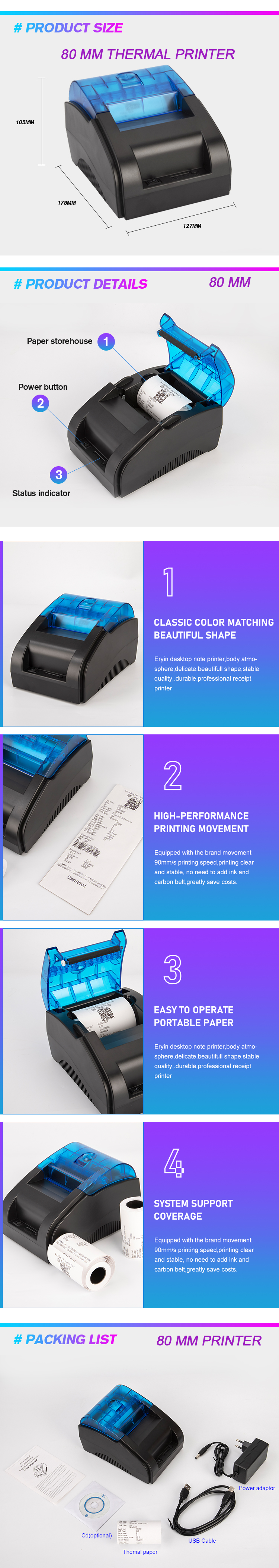 Receipt Bluetooth Android Thermal Printer with Battery and Maximum Roll Diameter 50mm