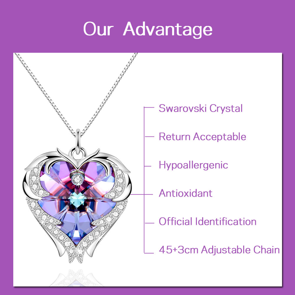 18in 0.29oz Sterling Silver Heart Pendant Necklace Trendy Pink Crystal Heart Pendant