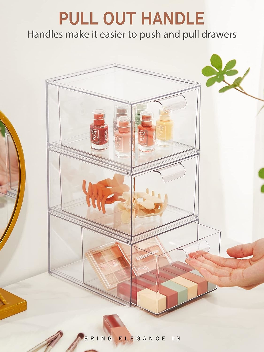 Stackable Makeup Organizer Drawers, 4.4'' Tall Acrylic Bathroom Storage Drawer, Cosmetics Storage Box for Vanity