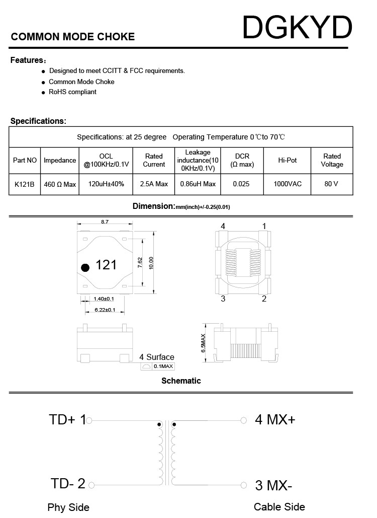 K121B 10BASE-TX Ethernet Transformer 10M Ethernet Filter 4PIN DIP