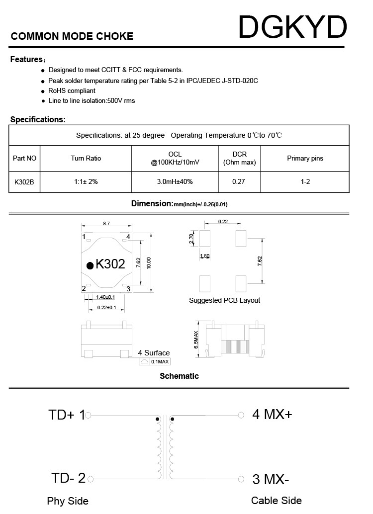 K302B 100BASE-TX Ethernet Transformer Fast Ethernet Filter 4PIN SMD
