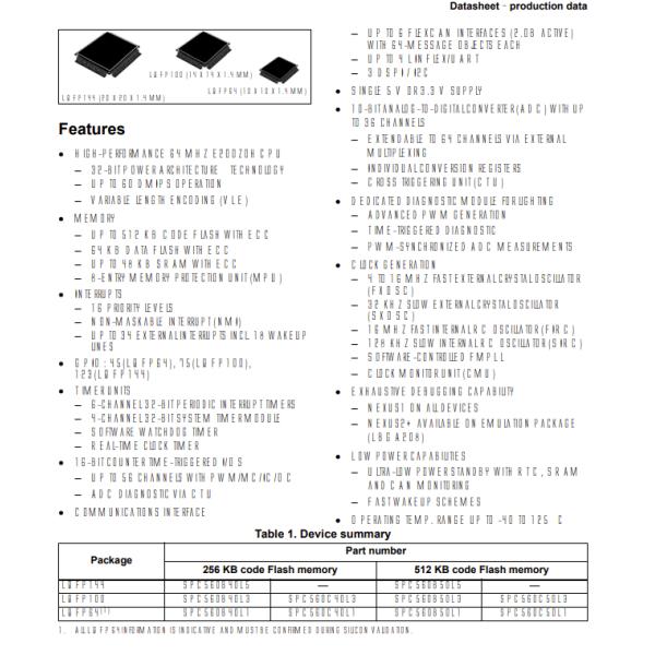 100LQFP Microcontroller IC SPC560C50L3B4E0X 32BIT 512KB FLASH