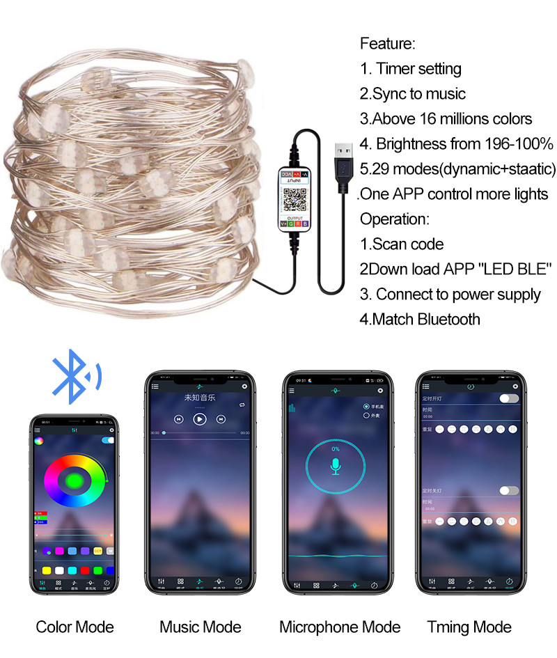 Waterproof Sync Smart Solar Decorative Lights RGB WIFI APP Control LED Copper Wire