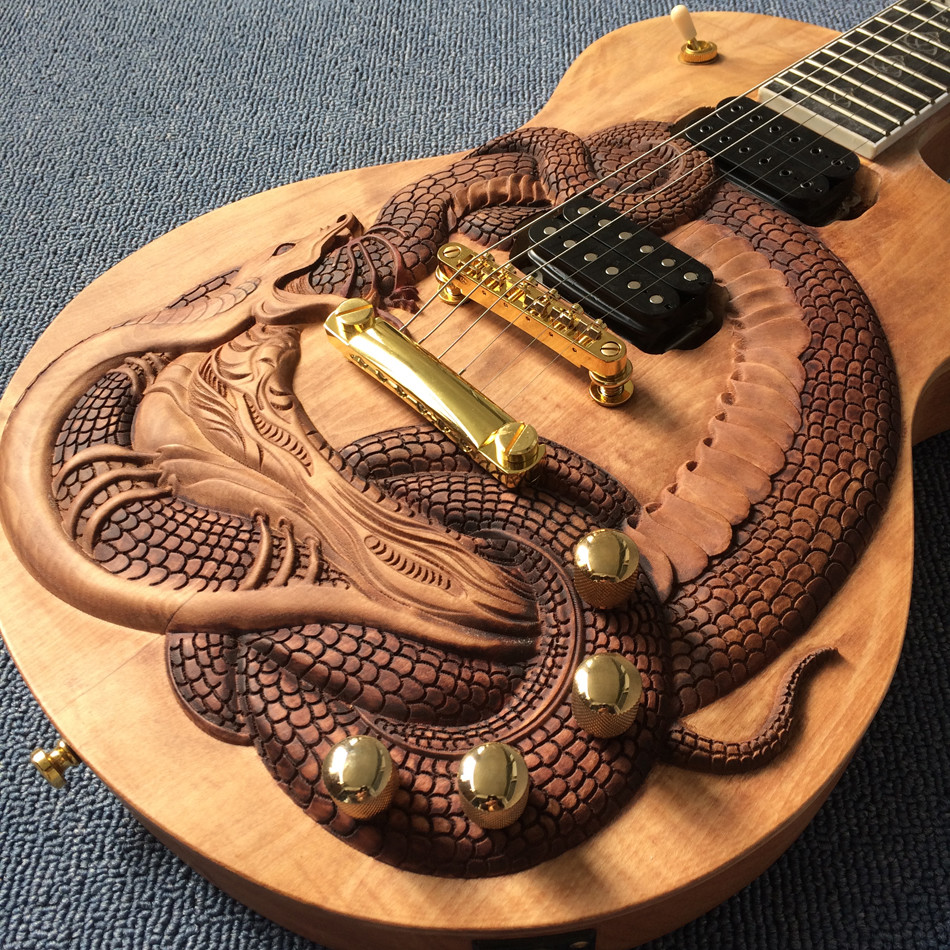 Custom guitar, carved dragon pattern, ebony fingerboard, free shipping