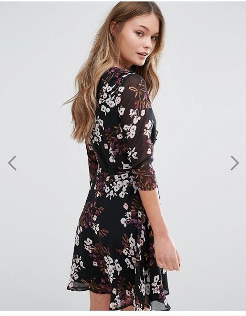 Newest Design Women Floral Print Chiffon Summer Dress with Frill Detail