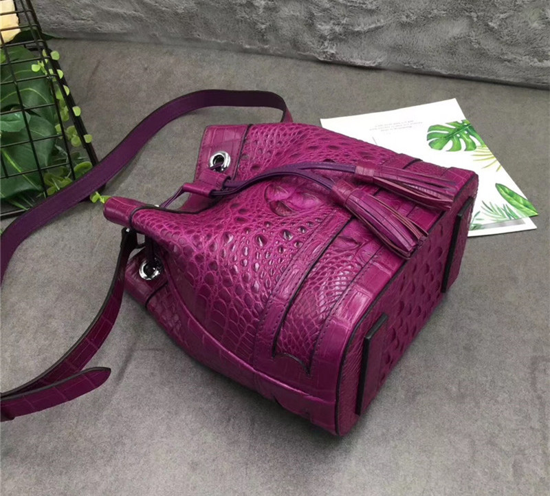 Authentic Crocodile Skin Drawstring Closure Women's Bucket Purse Exotic Alligator Leather Lady Small Tassel Shoulder Bag