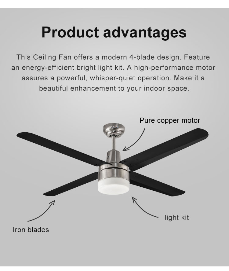 Strong Wind 52 Inches Modern Copper Motor 4 Black LED SS Blade Ceiling Fan with Light