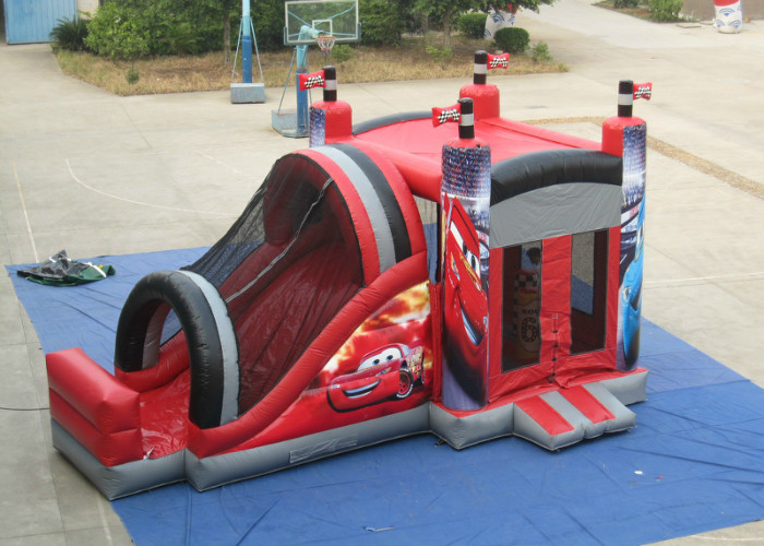 Big size inflatable racing car themed bouncy castle PVC fabric full printing inflatable car jumping house with slide