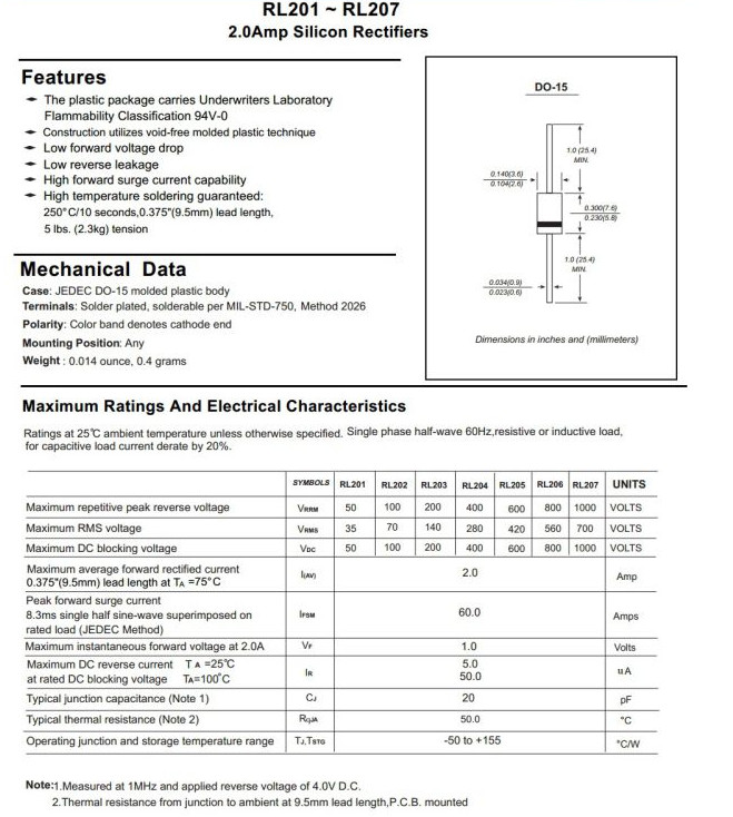 General Purpose Reciifiers Diode 2A Rl201 Thru RL207 Do-15 Package
