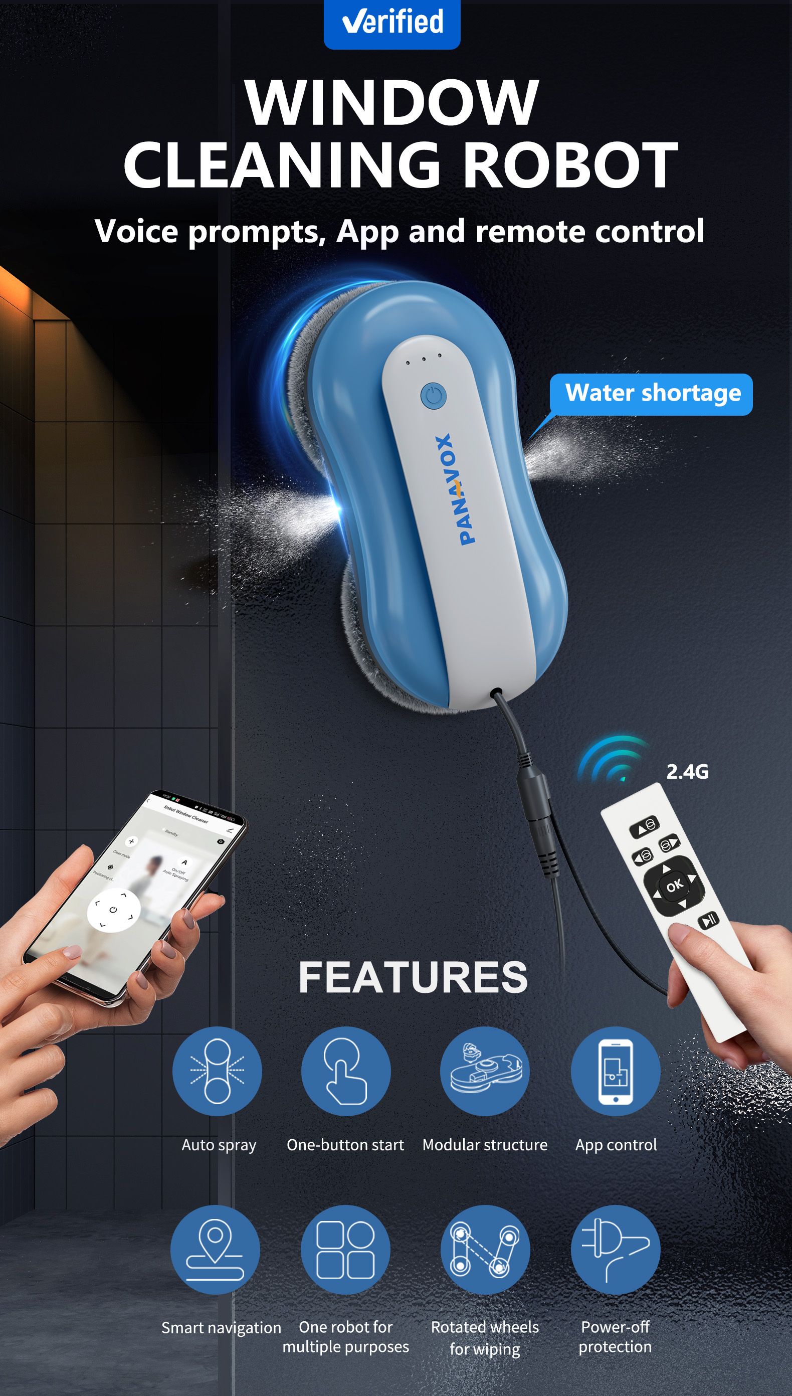 65dB Noise RN2-02 Remote Control Window Cleaner for Indoor and Outdoor Glass Surfaces