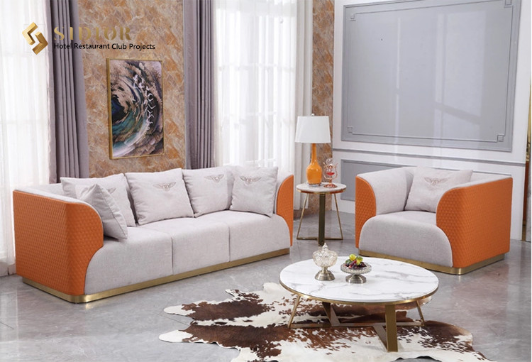 Hotel Sofa, Lobby sofa, Leisure sofa, Villa Sofa, PU Leather Upholstery, High Density Foam, Stainless Steel Base