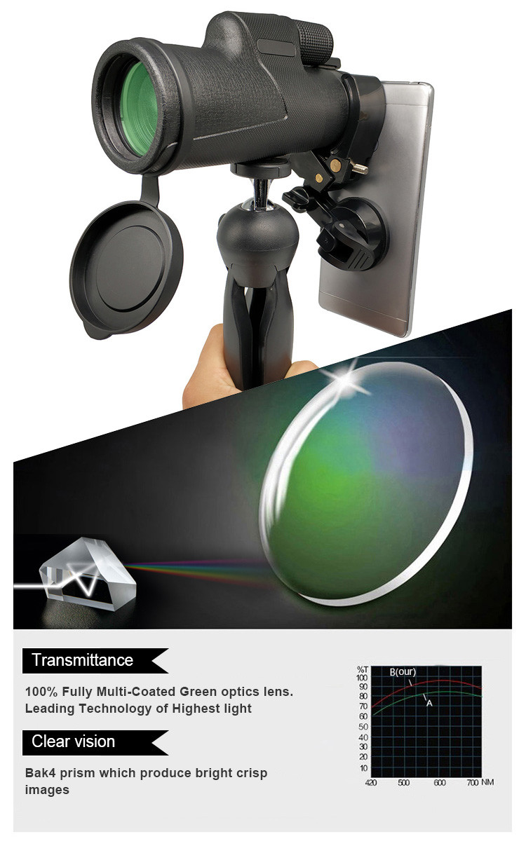 IPX7 Waterproof Mobile Phone Telescope , 12x50 Monocular Telescope For Smartphone