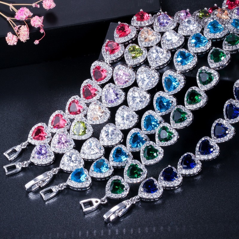 Elegant Prom Party Bracelets Jewelry Heart Shape Bracelets Blue Purple Red Green Yellow Crystal Stone Charm Bracelets