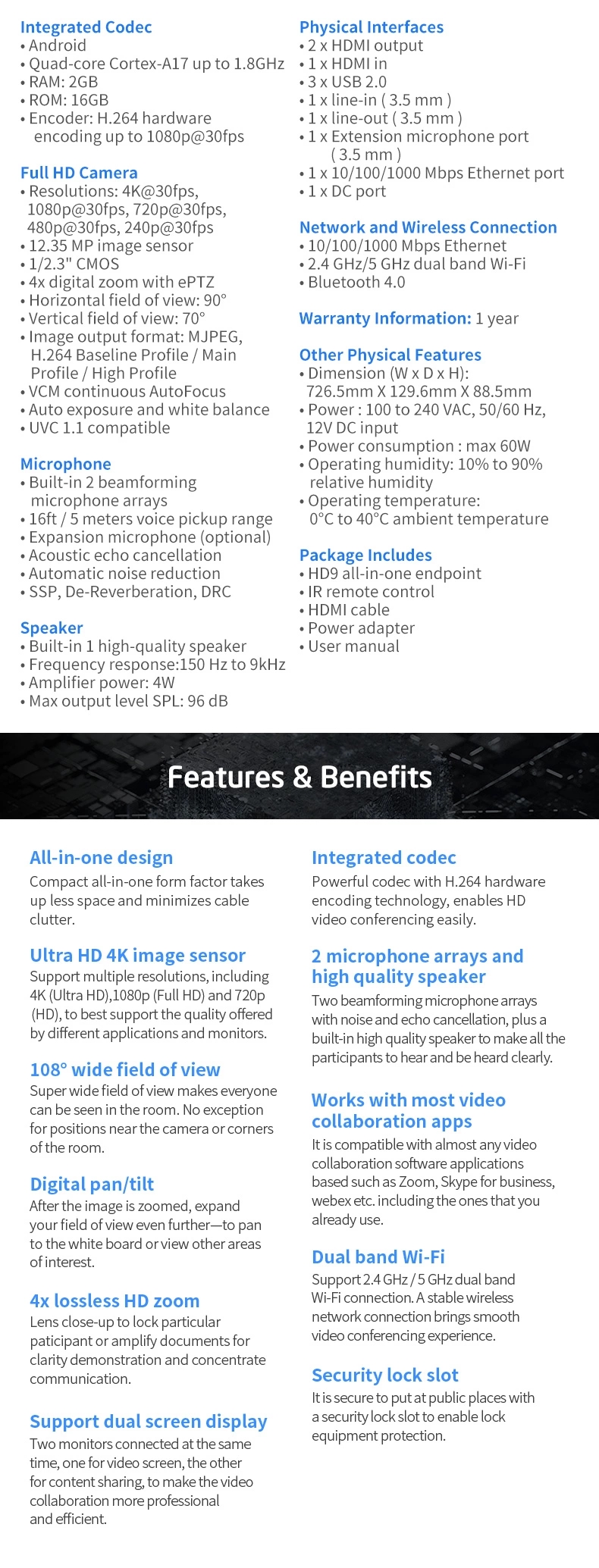 2pcs/lot Android All-in-one Webcam 4K Camera with Microphone and Speaker Video Conference Camera
