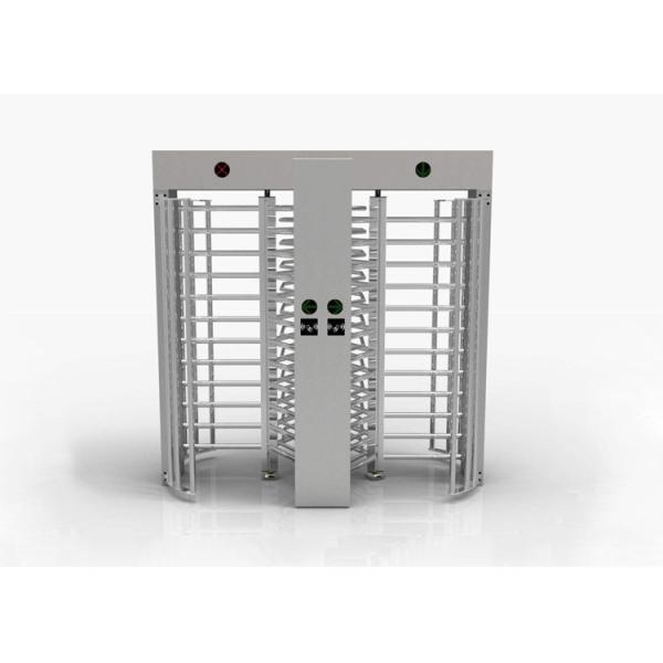 Full height turnstile installation showing complete unit with stainless steel construction