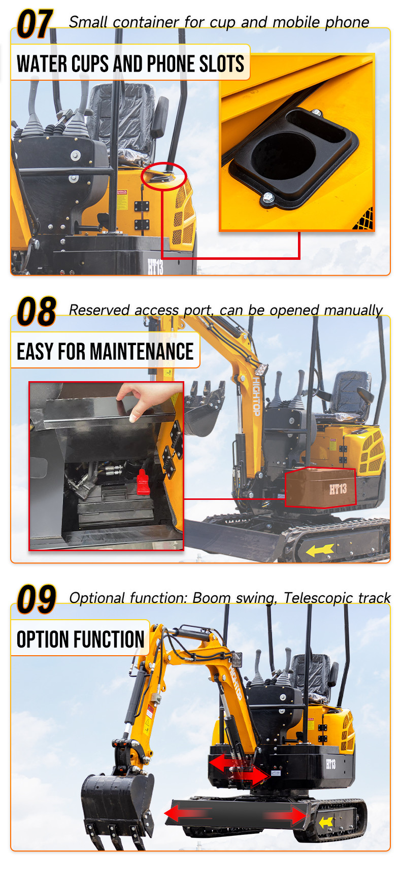 180mm Track Width HT13 Hightop Mini Excavator 795mm Tail Turning Radius