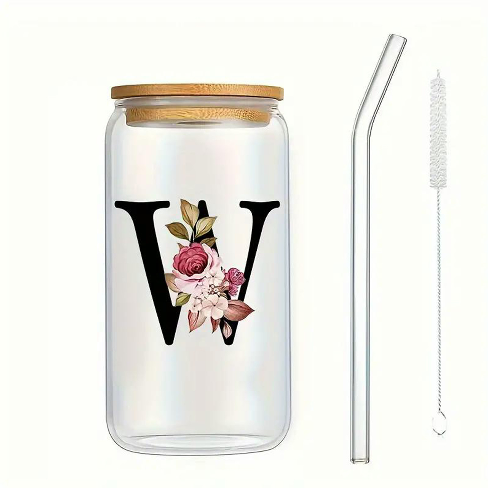Exquisite Customized Logo 16oz Sublimation Glass Water Bottle Clear Floral Letters Coke Can Glass Cups With Bamboo Lid And Straw 8*15cm