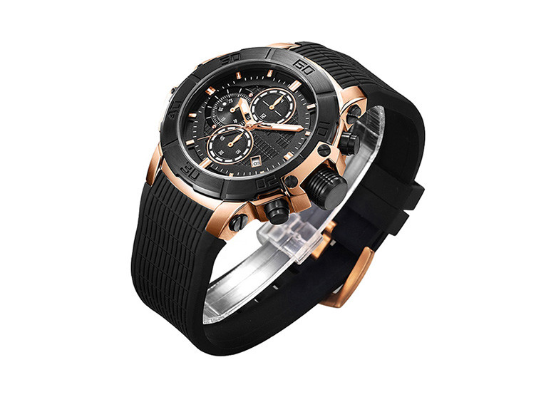Rose Gold Stainless Steel Chronograph Watch Men High Strenght Silicone Strap