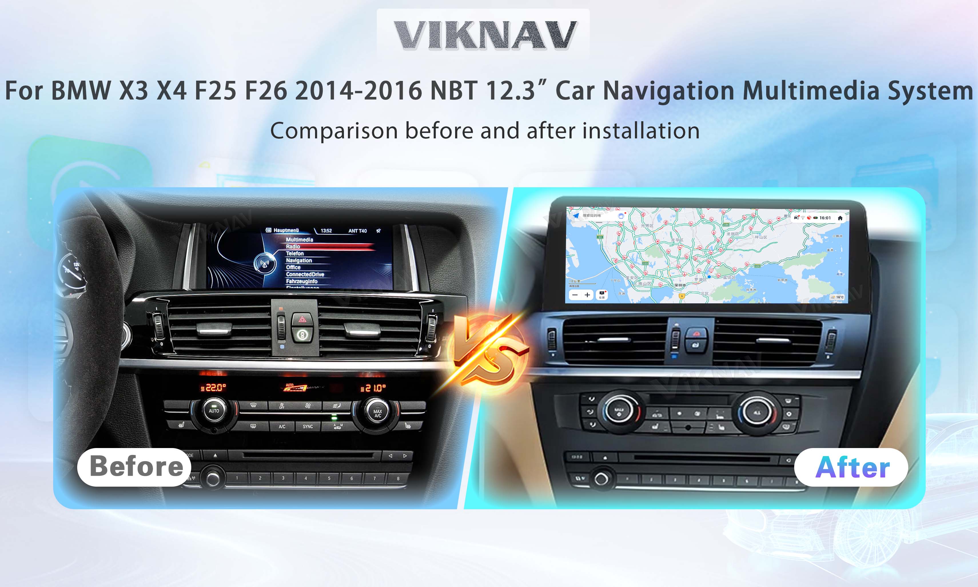 Viknav 12.3 inch Car Radio For BMW X3 X4 F25 F26 2014 15 16 NBT System Wireless Multimedia Player GPS Navigation Android