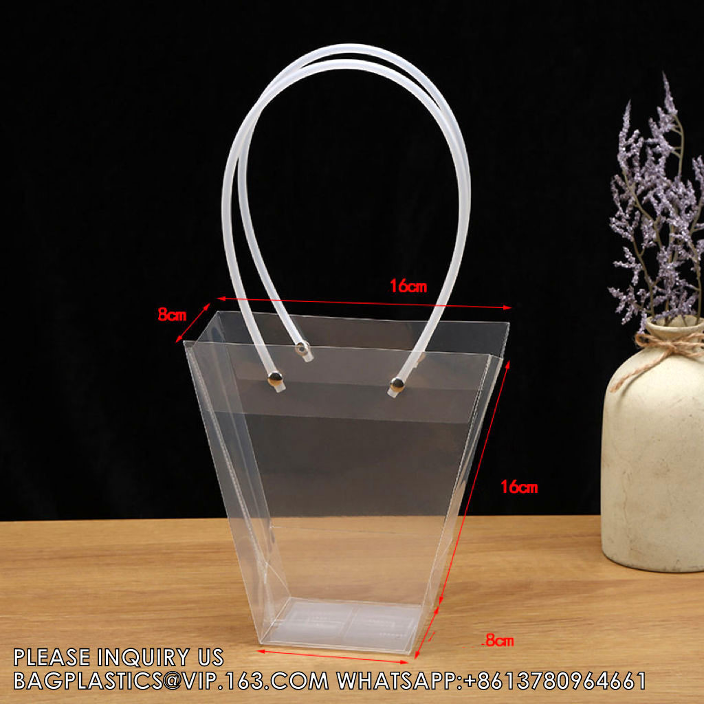 Customized Transparent Trapezoid PP Bag Plastic Clear Flower Packing Bag With Handle Floral Package Bags, Gift Pack