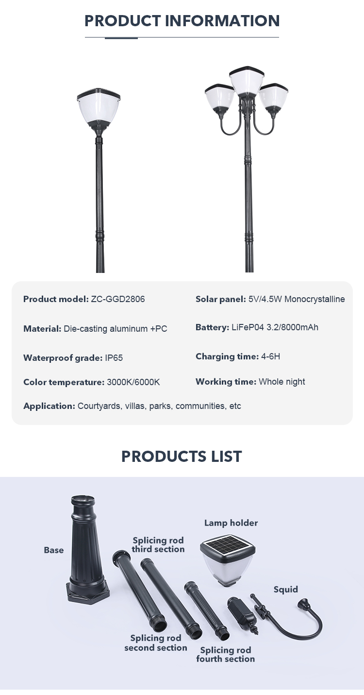 3000K 6500K Solar Powered Pole Light Outdoor Decorative Landscaping With Mono Solar Panels