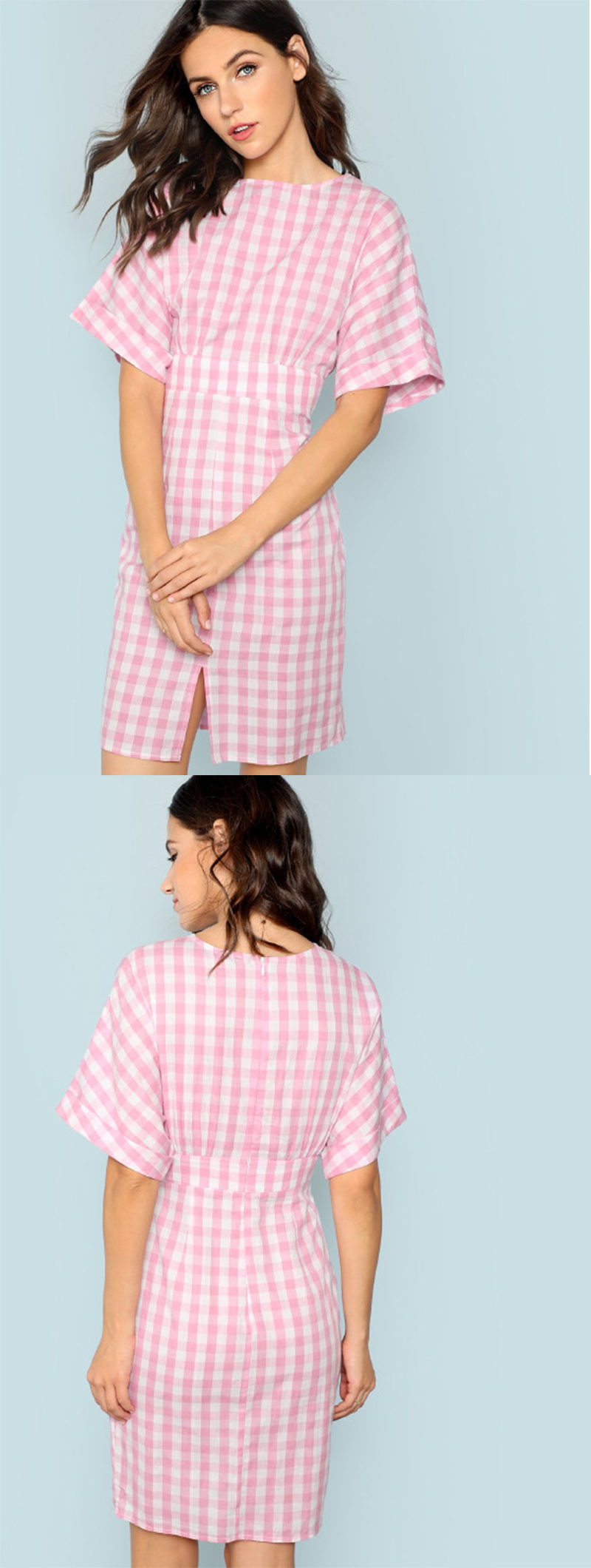 Fall Apparel For Women Rolled Up Sleeve Wide Waistband Plaid Dress