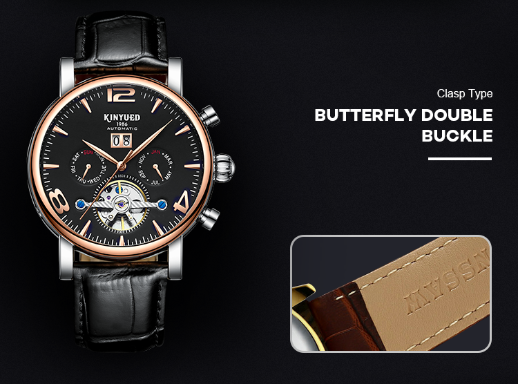 Auto Date Mens Mechanical Watches Black Genuine Leather Wrist Watch